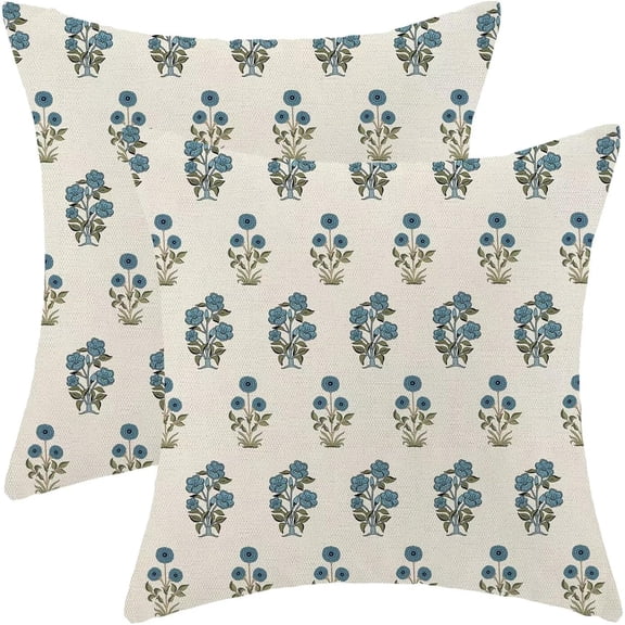 Block Print Pillow Covers 18x18 Set of 2, Sage Green Blue Floral Decorative Throw Pillowcase, Flower Leaves Farmhouse Outdoor Print Cushion Cover for Sofa Couch Living Room Bed Decor