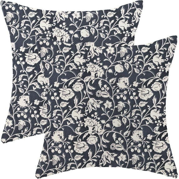 Block Print Pillow Covers 18x18 Set of 2 Vintage Navy Blue Floral Throw Pillow Covers Rustic Boho Decorative Flowers Pillowcase Farmhouse Linen Cushion Cover for Sofa Couch Outdoor Decor
