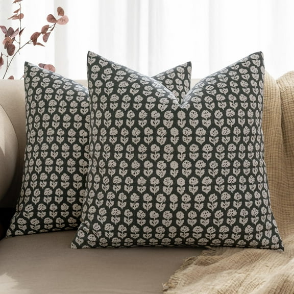 Block Print Pillow Covers 20x20 Inch Set of 2, Vintage Floral Throw Pillow Cases Neutral Linen Farmhouse Cushion Covers for Couch Sofa Bed Chair Living Room, Army Green
