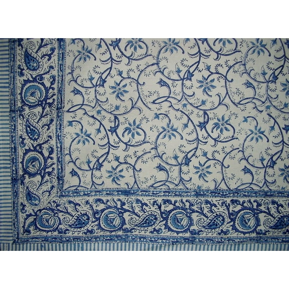 Block Print Rajasthan Vine Cotton Tablecloth 90" x 60" Blue