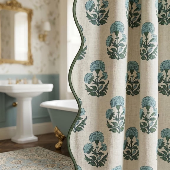 Block Print Scalloped Shower Curtain Set with 12 Hooks | Blue and Green Shower Curtain Linen Textured Cottage Core Floral Bathroom Curtain for Vintage Farmhouse Bathroom 72 x 72 Inch