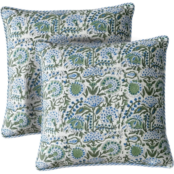 Block Print Throw Pillow Cover Set 18 x 18 Inches Cotton Canvas with Hidden Zipper and Piping Clover Blue