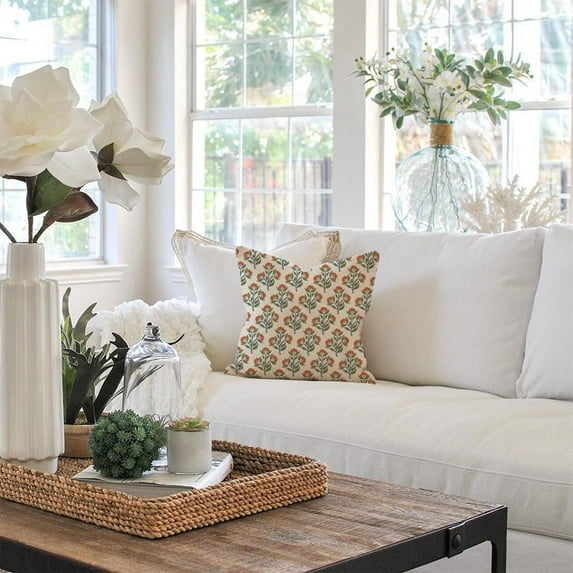 Block Print Throw Pillow Covers 18x18 Inch Set of 2 Green and Orange Vintage Floral Boho Outdoor Farmhouse Fall Decorations Decorative Throw Pillows Cases for Home Living Room Couch Decor