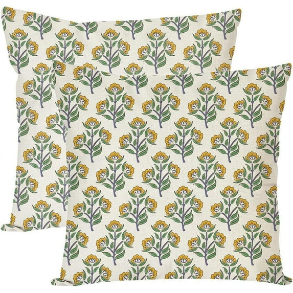Block Print Throw Pillow Covers 18x18 Inch Set of 2 Green and Orange Vintage Floral Boho Outdoor Farmhouse Fall Decorations Decorative Throw Pillows Cases for Home Living Room Couch Decor