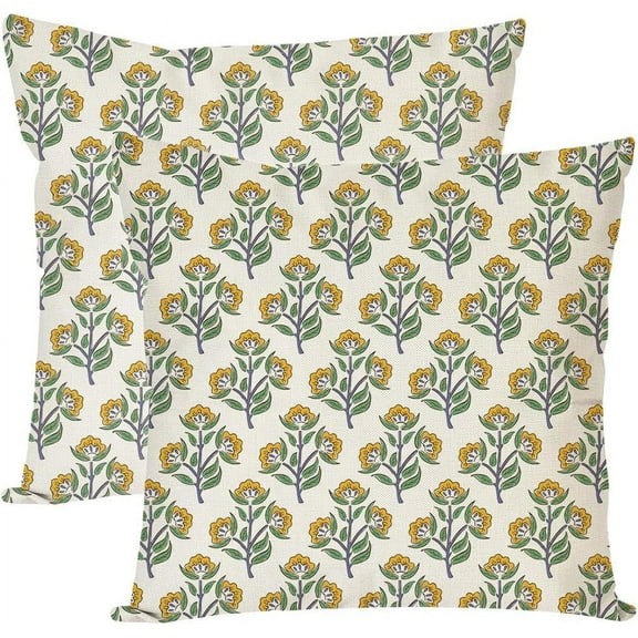 Block Print Throw Pillow Covers 18x18 Inch Set of 2 Green and Orange Vintage Floral Boho Outdoor Farmhouse Fall Decorations Decorative Throw Pillows Cases for Home Living Room Couch Decor
