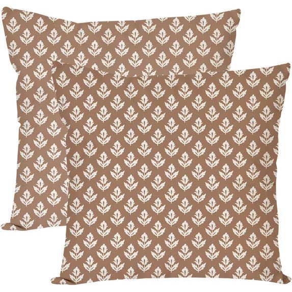 Block Print Throw Pillow Covers 18x18 Inch Set of 2 Vintage Floral Brown Outdoor Rustic Farmhouse Spring Fall Cottage Decorations Decorative Pillow Cases for Home Bed Living Room Couch Decor