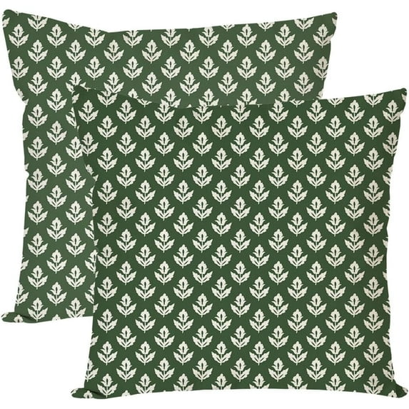 Block Print Throw Pillow Covers 18x18 Inch Set of 2 Vintage Green Floral Farmhouse Boho Outdoor Spring Christmas Decorations Decorative Throw Pillow Case for Home Bed Living Room Couch Decor