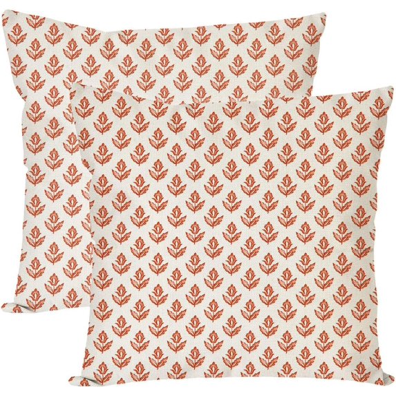 Block Print Throw Pillow Covers 18x18 Inch Set of 2 Vintage Orange Floral Boho Outdoor Fall Winter Farmhouse Decorations Decorative Throw Pillows Cases for Home Bed Living Room Couch Decor