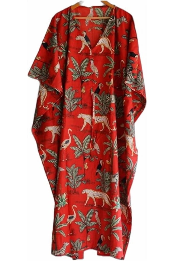 Block Print Women Dress, Indian Handmade Long Kaftan Dress, Pure Cotton Fabric Stitch Kaftan, Women Night Wear Dress Kimono Robe Multi