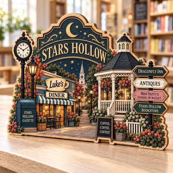 Block Sign, Personalized Stars Hollow Autumn Town Design, Wood Shelf Display for Book Lovers, Fall Gift