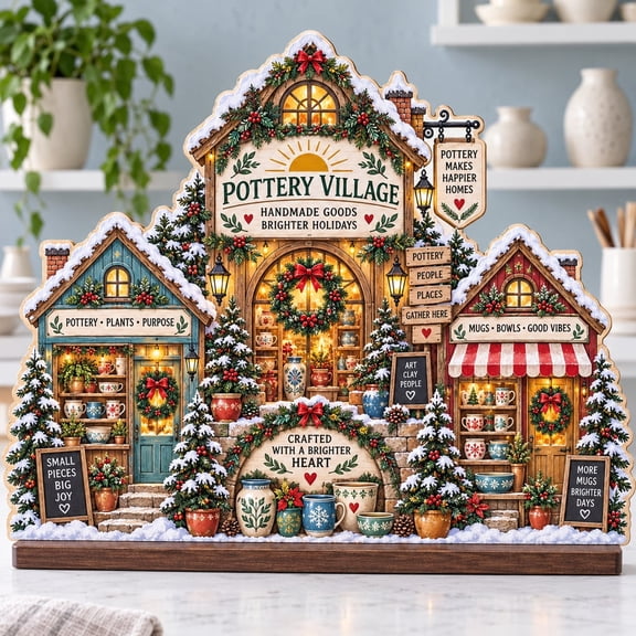 Block Stand Christmas Village Pottery Theme Wooden Shelf Sitter Holiday Decor