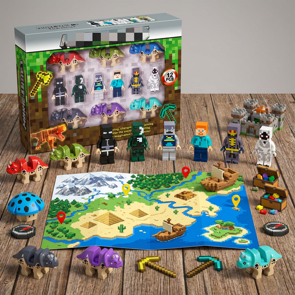 Block Style Adventure Character & Dinosaur Building Figure Set - 12 PCS with Map, Tool & Play Accessories for Kids