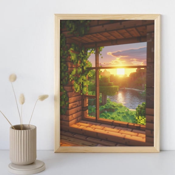 Block World Scenic Landscape Poster – Pixel Craft Gaming Wall Art Print 8x12 UNFRAMED