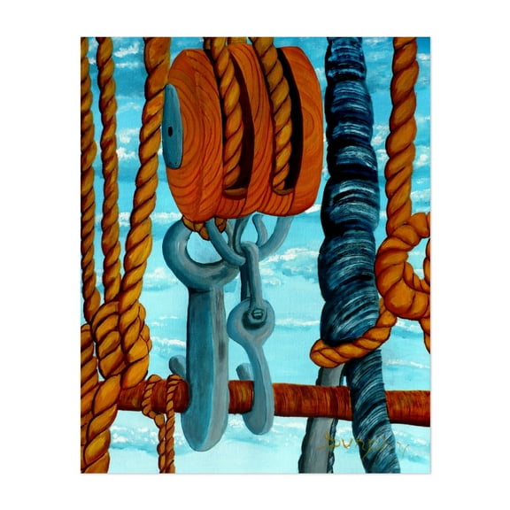Block and Tackle - Painting Nautical Sailboat Boat Seascape Surrealism Coastal Unframed Wall Art Print 8 x 10 inches