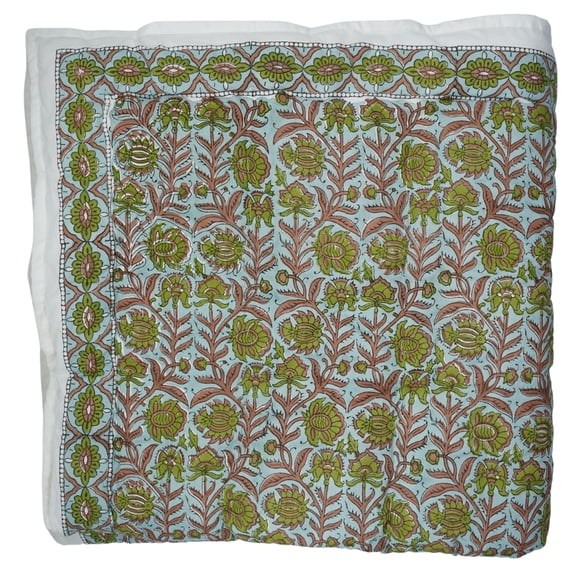 Block print cotton quilt, handmade quilted cotton warm quilt, 103"X95"