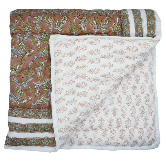 Block print cotton quilt, handmade quilted cotton warm quilt, 110"X103"