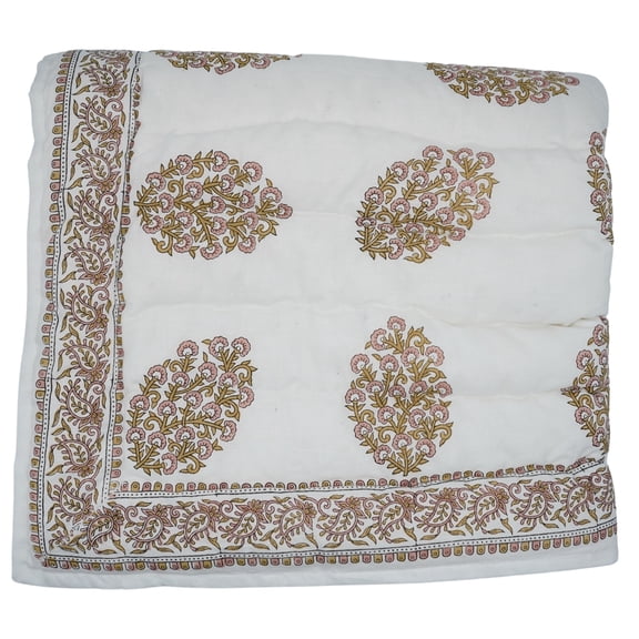 Block print cotton quilt, handmade quilted cotton warm quilt, 60"X90"