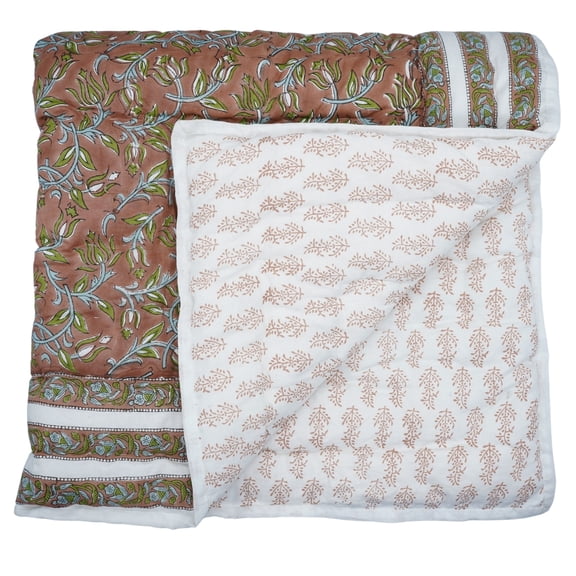 Block print cotton quilt, handmade quilted cotton warm quilt, 83"X95"