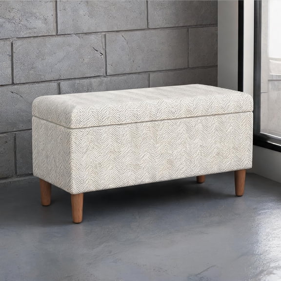 Block-style storage bench for entryway and mudroom, rich brown wood, chevron woven fabric, 36-inch seat, two-person capacity