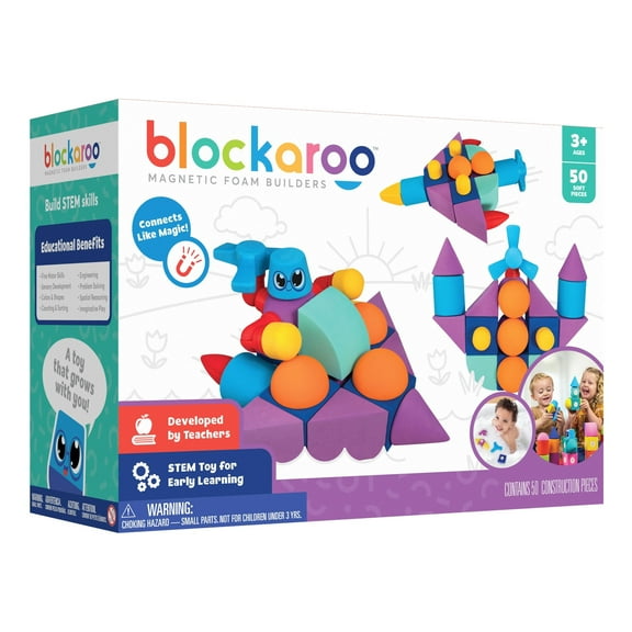 Blockaroo Magnetic Foam Bath Blocks for Toddlers – 50-Piece STEM Learning Set for Kids Ages 3–6