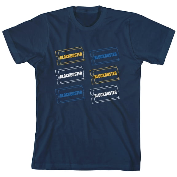 Blockbuster Six Logos Junior's Navy Blue Short Sleeve Tee Shirt-L