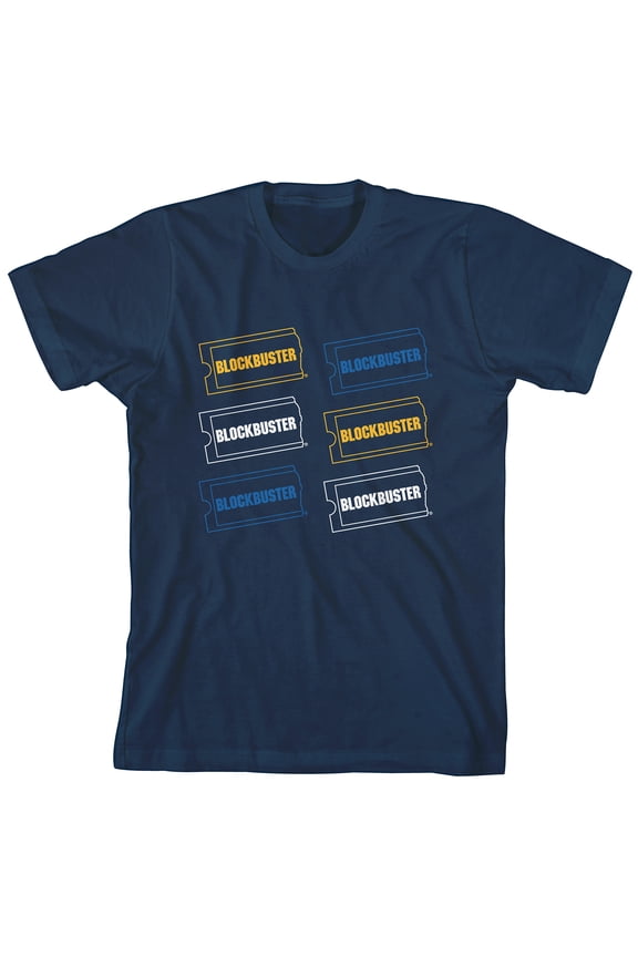 Blockbuster Six Logos Junior's Navy Blue Short Sleeve Tee Shirt-XL