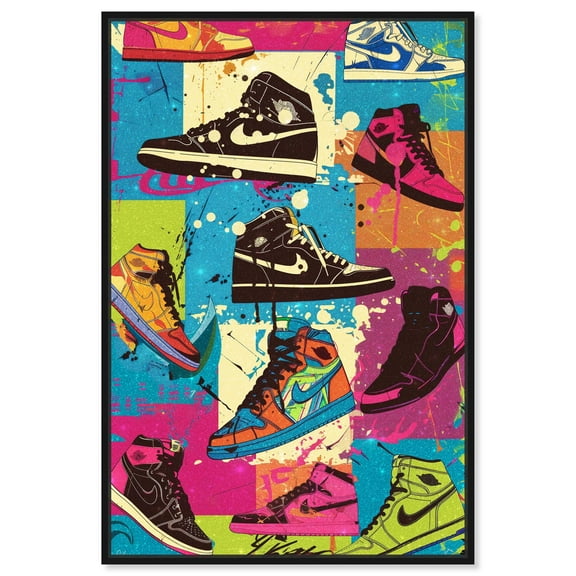 Blocked Splatter Sneakers Canvas Urban Graffiti Wall Art by Notoriart, Black Frame, 10" x 15"
