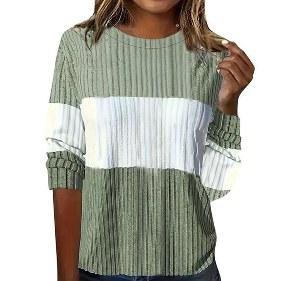 Blocked Tops for Women Full Length Sleeve Tunic Casual Patchwork Crew Neck Cozy Knitted Blouse Pullover Green XL