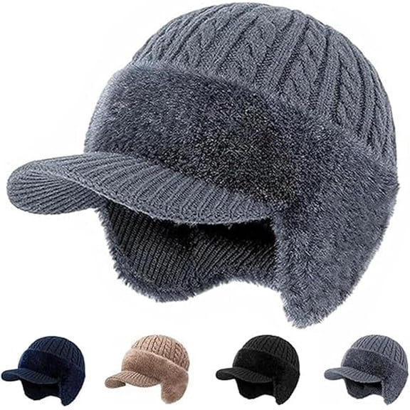 Blocking Knitted Hats Winter Cozy Head Beanie Hats with Brim and Ear Flaps Stocking Caps(Grey)