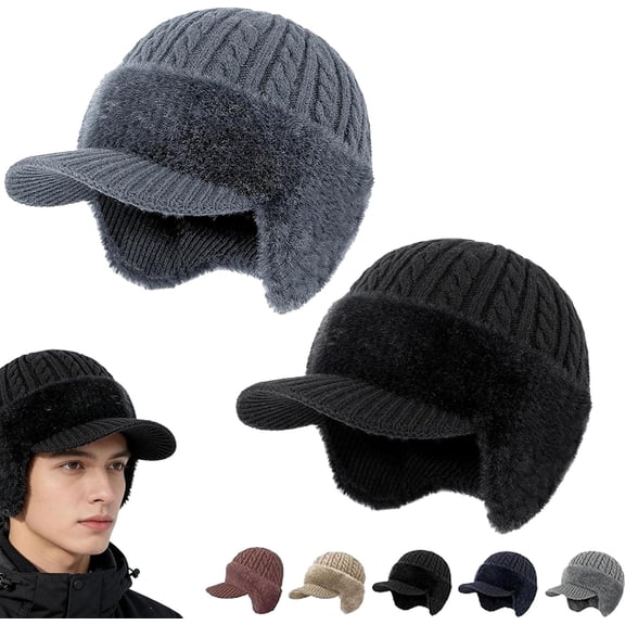 Blocking Knitted Hats with Ear Flaps and Wool Brim, Cozy Head Fur-Lined Warm Baseball Beanie for Men Women