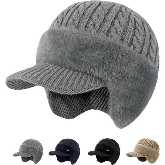 Blocking Knitted Hats with Ear Flaps and Wool Brim, Fur-Lined Warm Stylish Baseball Beanie for Cold Weather