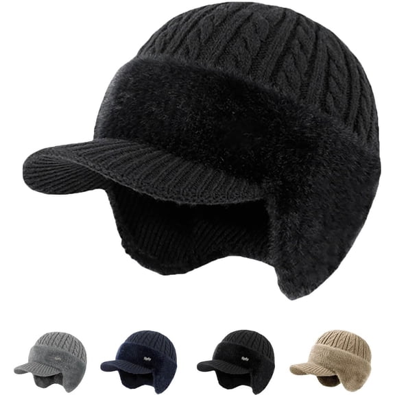 Blocking Knitted Hats with Ear Flaps and Wool Brim, Fur-Lined Warm Stylish Baseball Beanie for Cold Weather