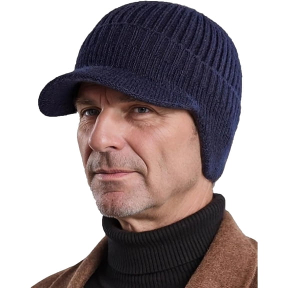 Blocking Knitted Hats with Ear Flaps and Wool Brim, Fur-Lined Warm Stylish Baseball Beanie for Cold Weather
