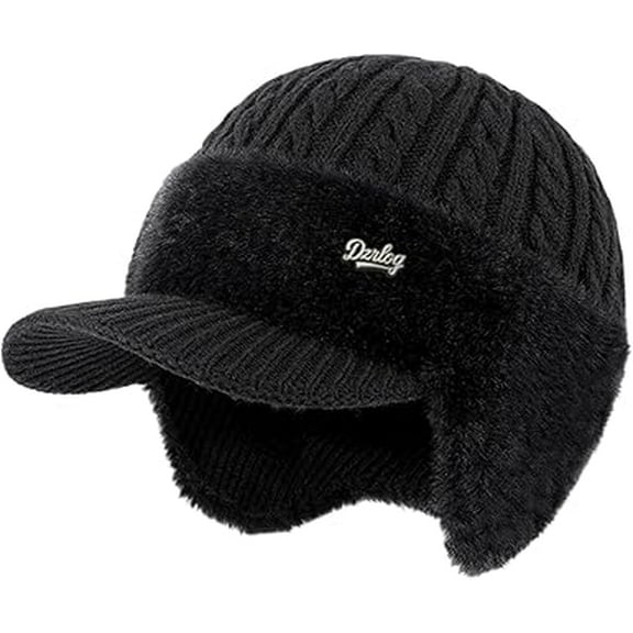 Blocking Knitted Hats with Ear Flaps and Wool Brim, Fur-Lined Warm Stylish Baseball Beanie for Menblack