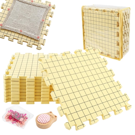 Blocking Mat for Wet and Steam Blocking Set of 9 with Grid 1.5 cm Thick Includes 80 Positioning Pin Storage Bag and Pin Cushion