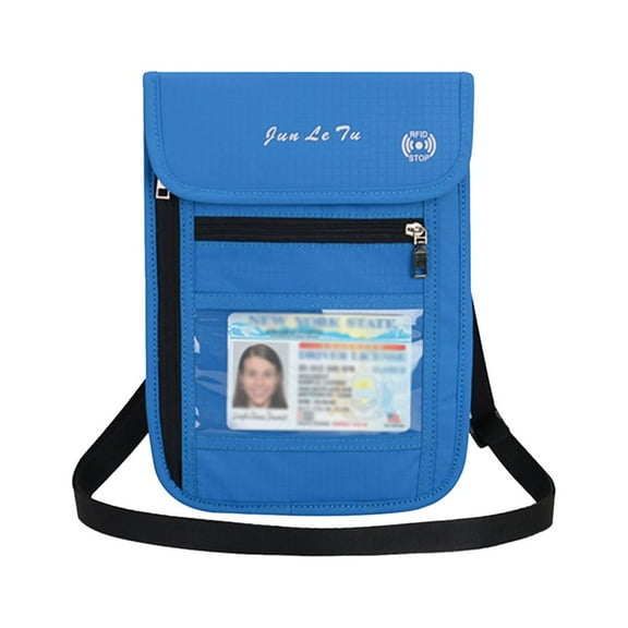 Blocking Passport Holder Travel Wallet with Zipper Pockets Secure Neck Pouch for Airplane Airport Bus Train - Lightweight Nylon RFID Shielding Card ID Document Storage Bag 23.5x15cm