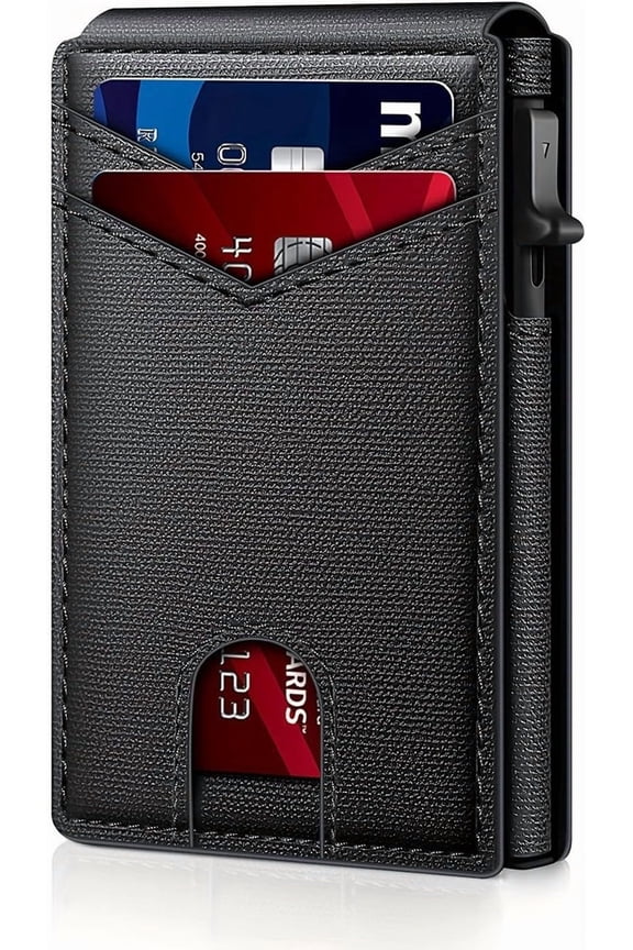 Blocking Pop Up Card Holder for Men, Carbon Fiber Texture Slim Wallet with Automatic Card Ejection, Multiple Card Slots Magnetic Closure, Compact Secure Bifold Wallet (Black)
