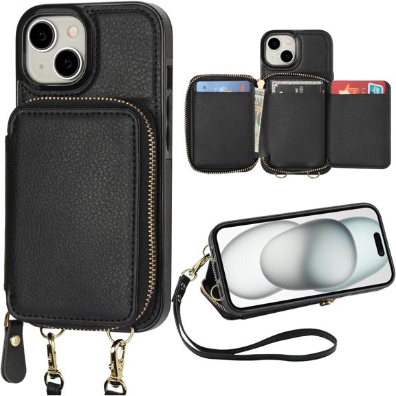Blocking Wallet Case for  15, Adjustable Crossbody Zipper Purse Case Card Holder with Kickstand Detachable Wrist Strap, PU Leather Flip Folio Case 6.1 Inch 5G (Black)