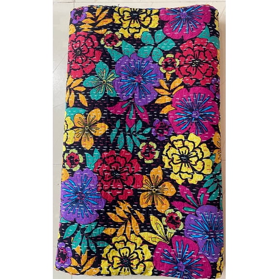 Blockprint Quilt Multicolor Floral Indian Kantha Quilt Cotton Indian Bedspread Boho Bedding Lightweight Throw Twin Queen And King