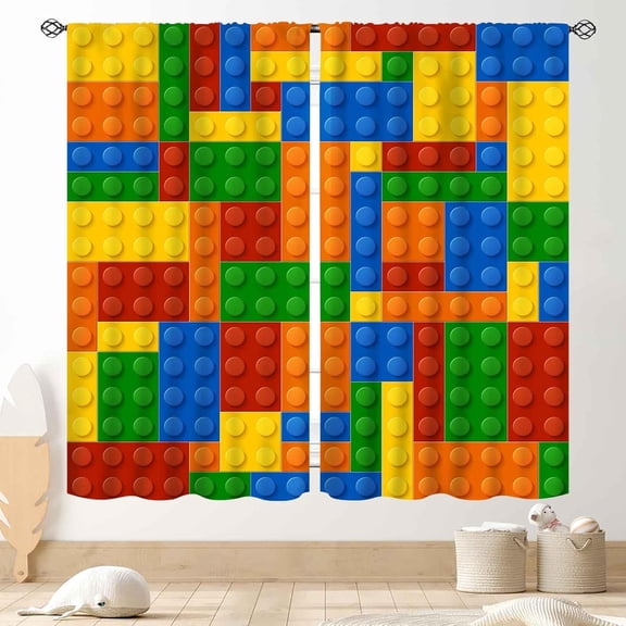 Blocks Toy Curtains for Boys Room, Abstract Colorful Plastic Building Brick Blocks Toy Geometric Printed Pattern Window Treatment Drapes for Kids Baby Bedroom Living Room 26"W x 63"L (Pack of 2)