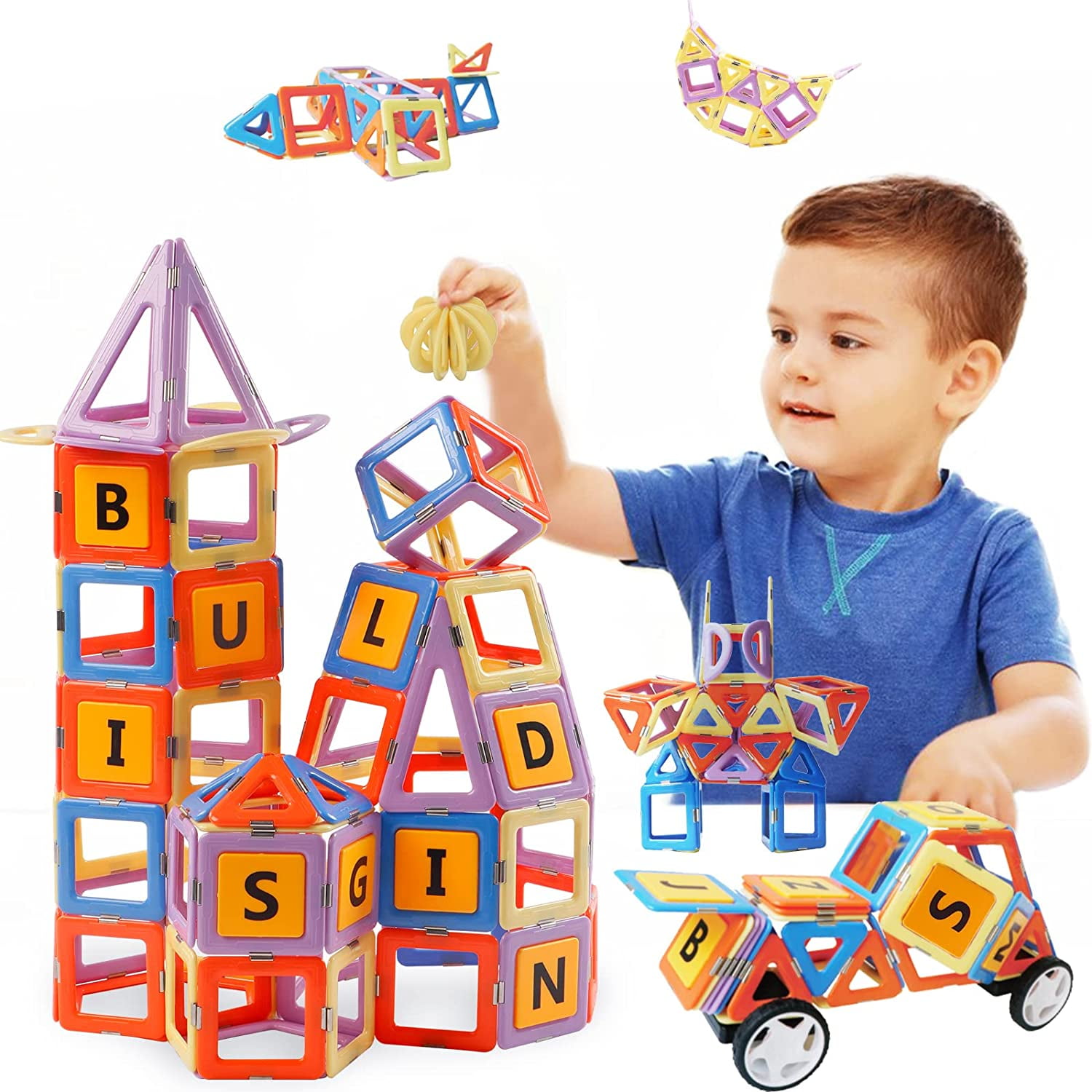 Blocks for Boys and Girls Toys 120 Pcs Magnetic Tiles Building Set with Wheels for Kids Buliding Magnets