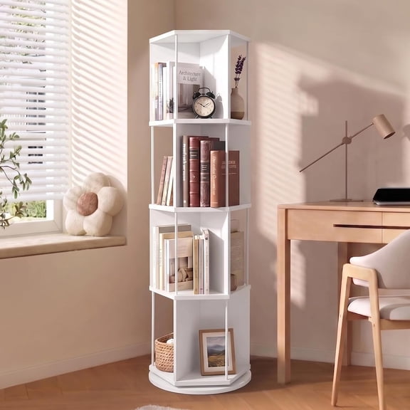 Bloddream 4 Tier Rotating Bookshelf,360° Display Wood Spinning Bookshelf, Vertical Bookcase Storage Round Carousel for Space-Saving,Corner Book Shelf for Home,Office, Bedroom, White