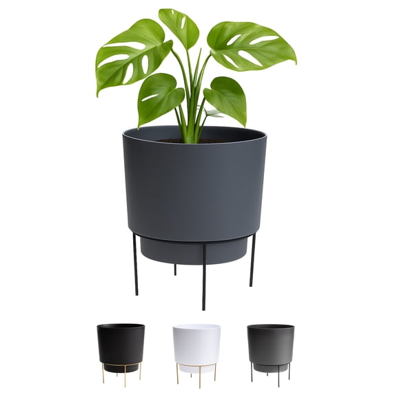 Bloem Hopson Decorative Resin Cachepot with Metal Stand, 10" Indoor and Outdoor Planter with Black Metal Stand, Charcoal