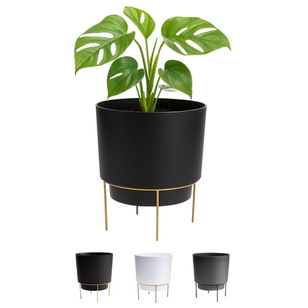 Bloem Hopson 10" Plastic Cachepot with Metal Stand - Decorative Indoor Planter with Gold Metal Stand, Black