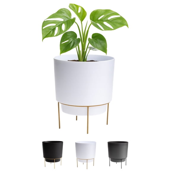 Bloem Hopson Decorative Resin Cachepot with Metal Stand, 10" Indoor and Outdoor Planter with Gold Metal Stand, White