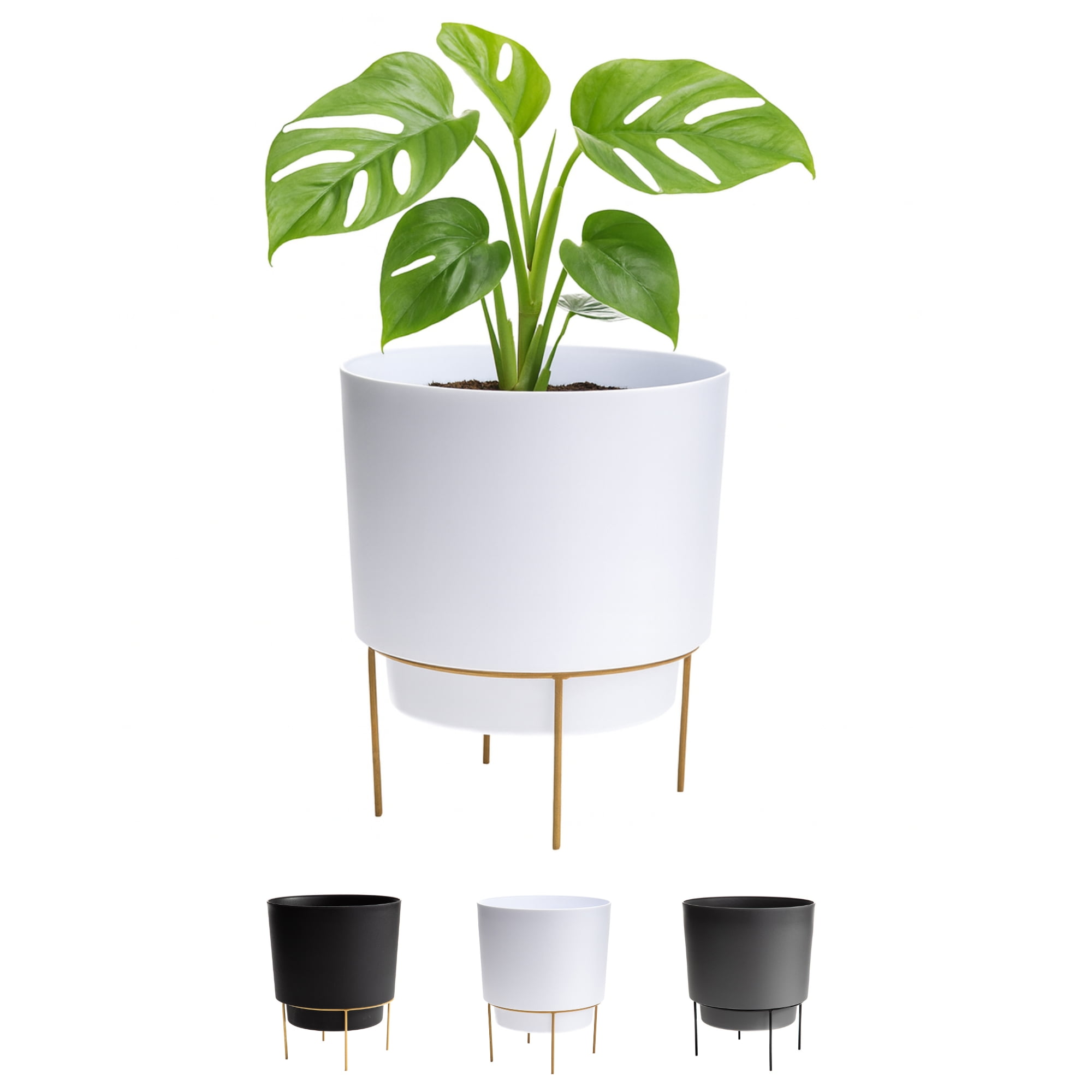 Walmart Cyber Monday Deals 2025 - Bloem 10-in Hopson Outdoor/Indoor Modern Round Resin Planter with Gold Metal Stand for Plants & Flowers - Casper White