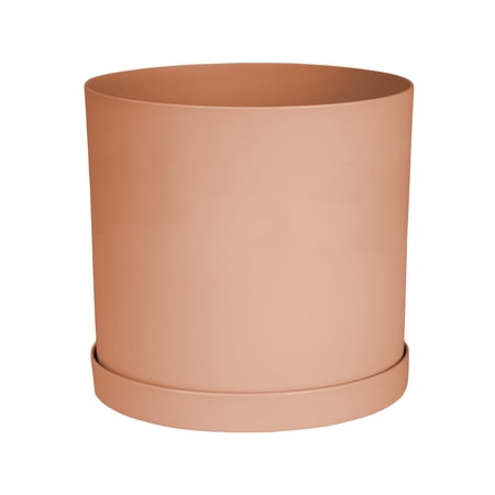 Bloem Mathers 10" Plastic Planter - Modern Indoor Pot with Drainage Holes and Saucer Tray, Muted Terra Cotta