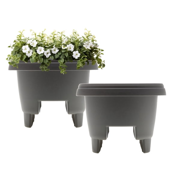 Bloem 12" Plastic Deck Rail Planter, 9" H x 12" L x 12" W, Fits Rail Sizes between 3.25 to 3.75" Wide, Charcoal, 2-Pack