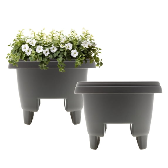 Bloem 12" Plastic Deck Rail Planter, 9" H x 12" L x 12" W, Fits Rail Sizes between 3.25 to 3.75" Wide, Charcoal, 2-Pack