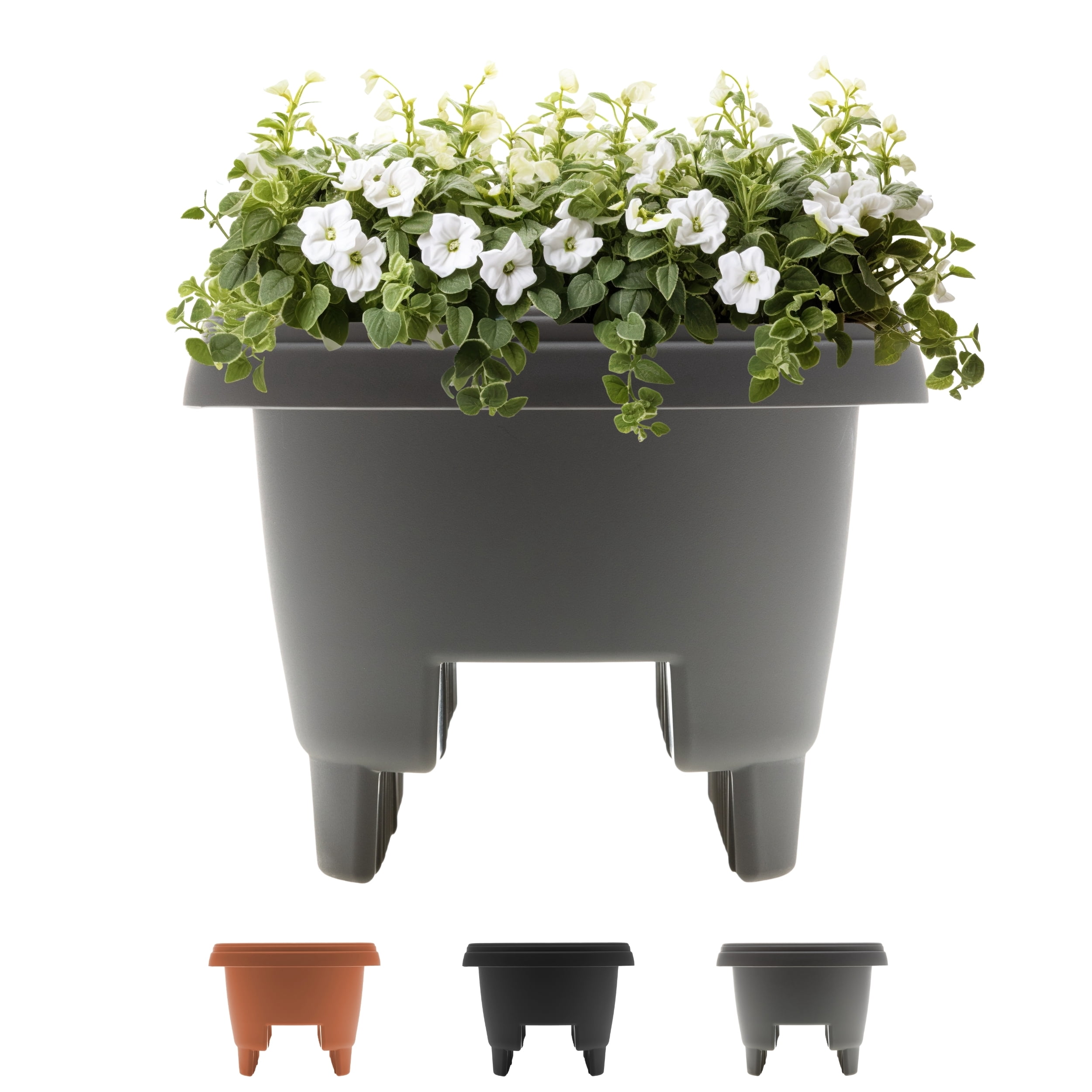 Bloem 12" Plastic Deck Rail Round Planter, 9" H, 12" L, 12" W, Fits Rail Sizes between 3.25" - 3.75" Wide, Charcoal